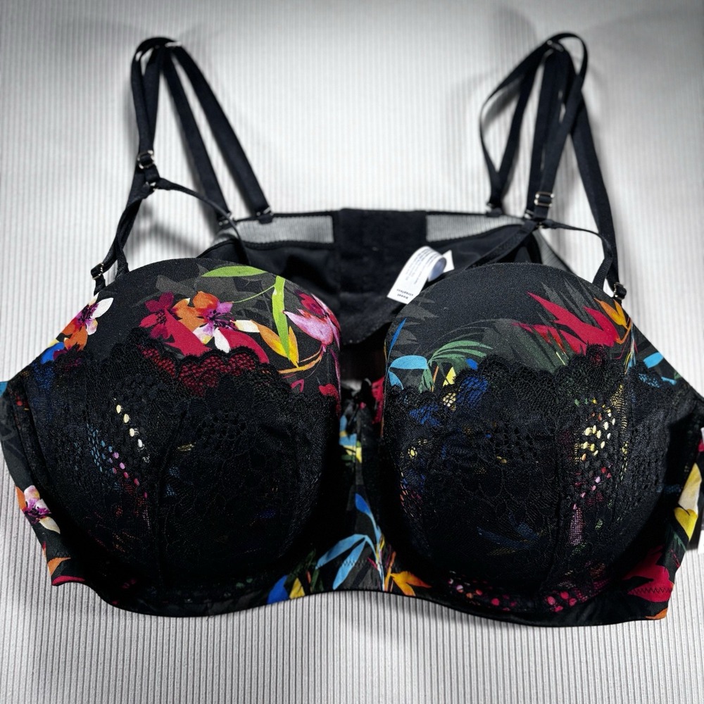 NWT Cacique Boost Black Floral Lace Harness Bra 46C, Removable Straps